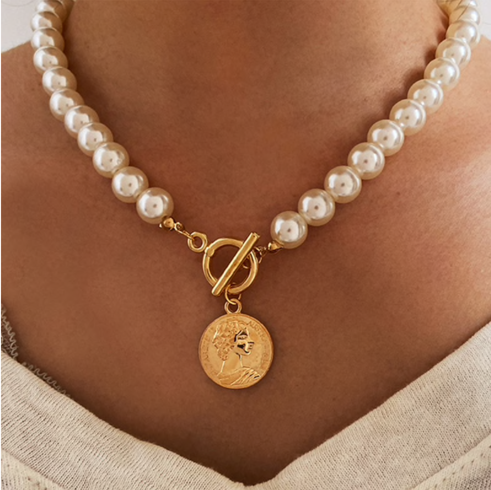 Imitation Pearl Goldtone Medallion Necklace