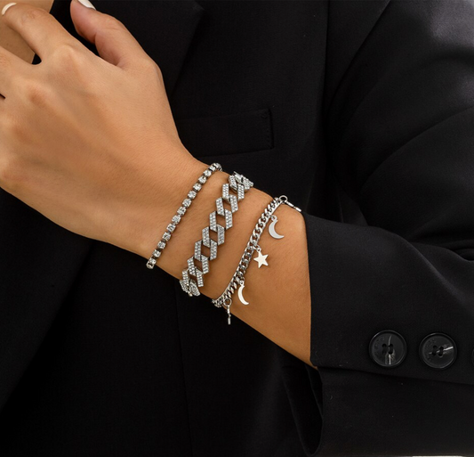 Silvertone Crystal Chain Link Celestial Bracelet Set