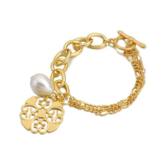 Goldtone Imitation Pearl Bracelet With Openwork Charm