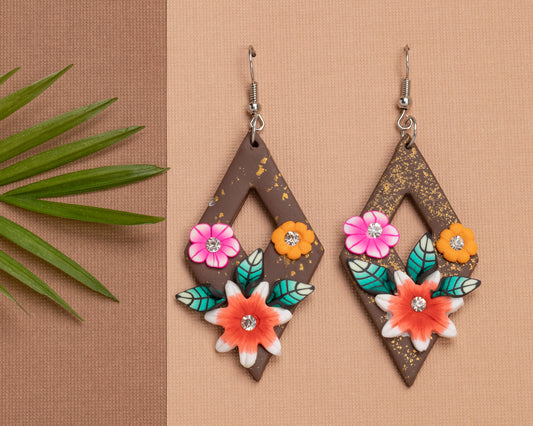 Brown Floral Open Diamond Drop Earrings