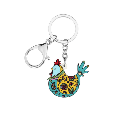 Blue Floral Hen Keychain