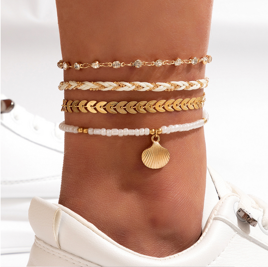 Goldtone White Braided And Beaded Sea Shell Anklet Set