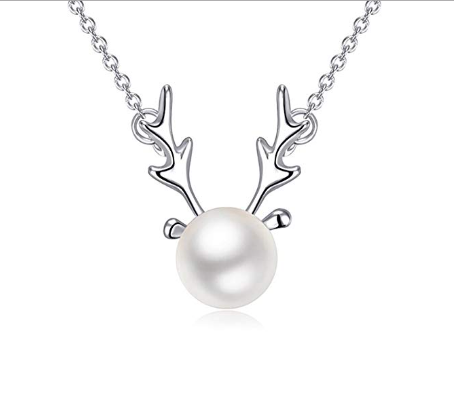 Imitation Pearl Silvertone Deer Pendant Necklace