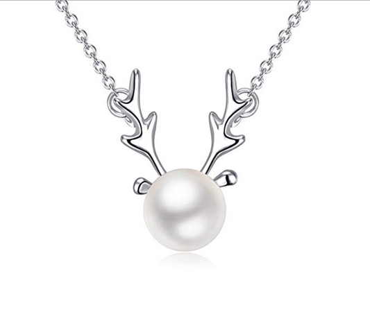 Imitation Pearl Silvertone Deer Pendant Necklace