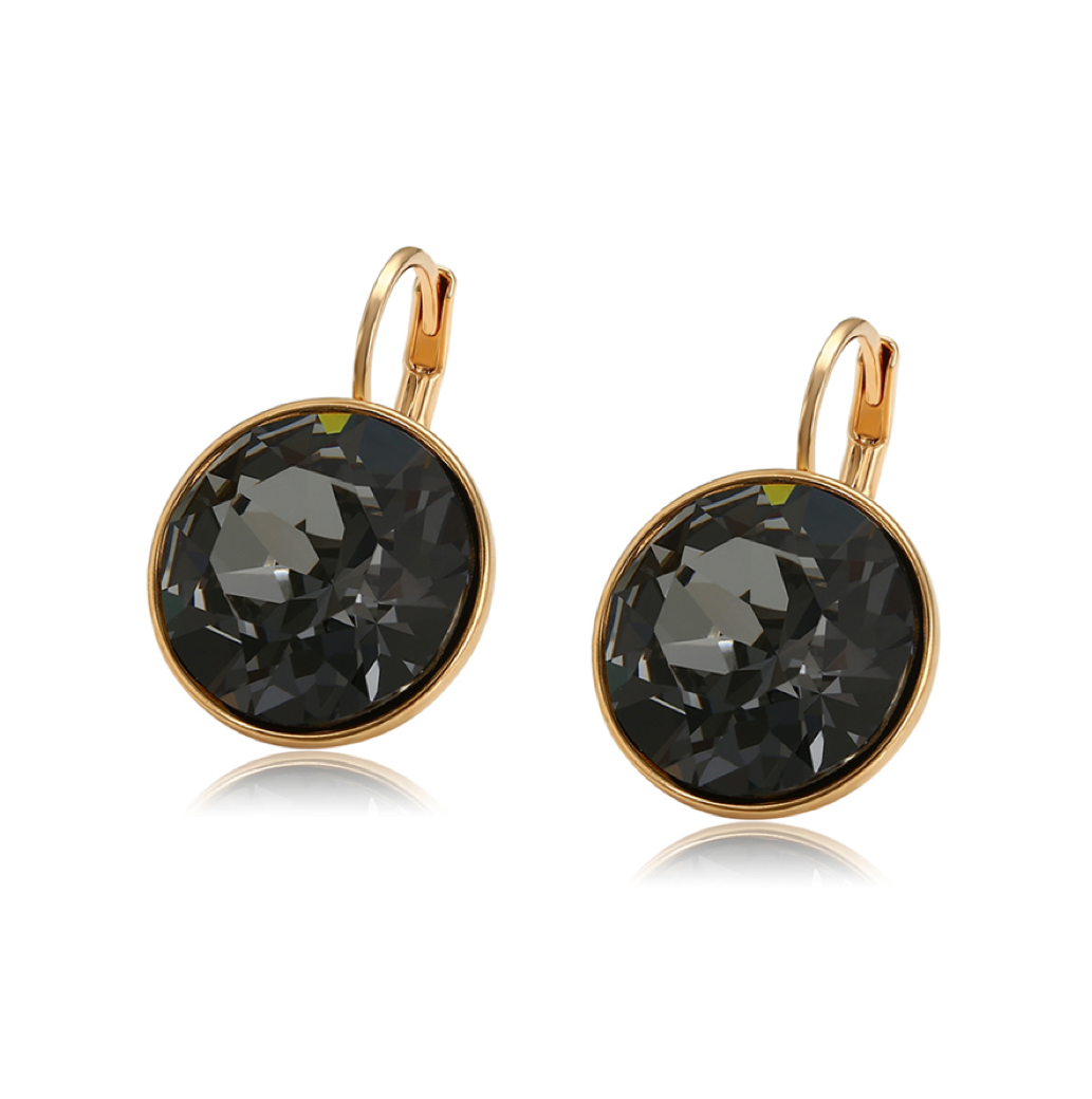 Goldtone Black Swarovski Crystal Circular Leverback Earrings