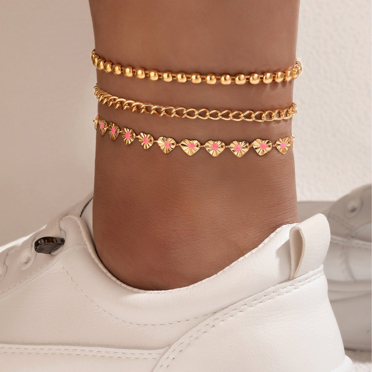 Goldtone Pink Hearts Anklet Set