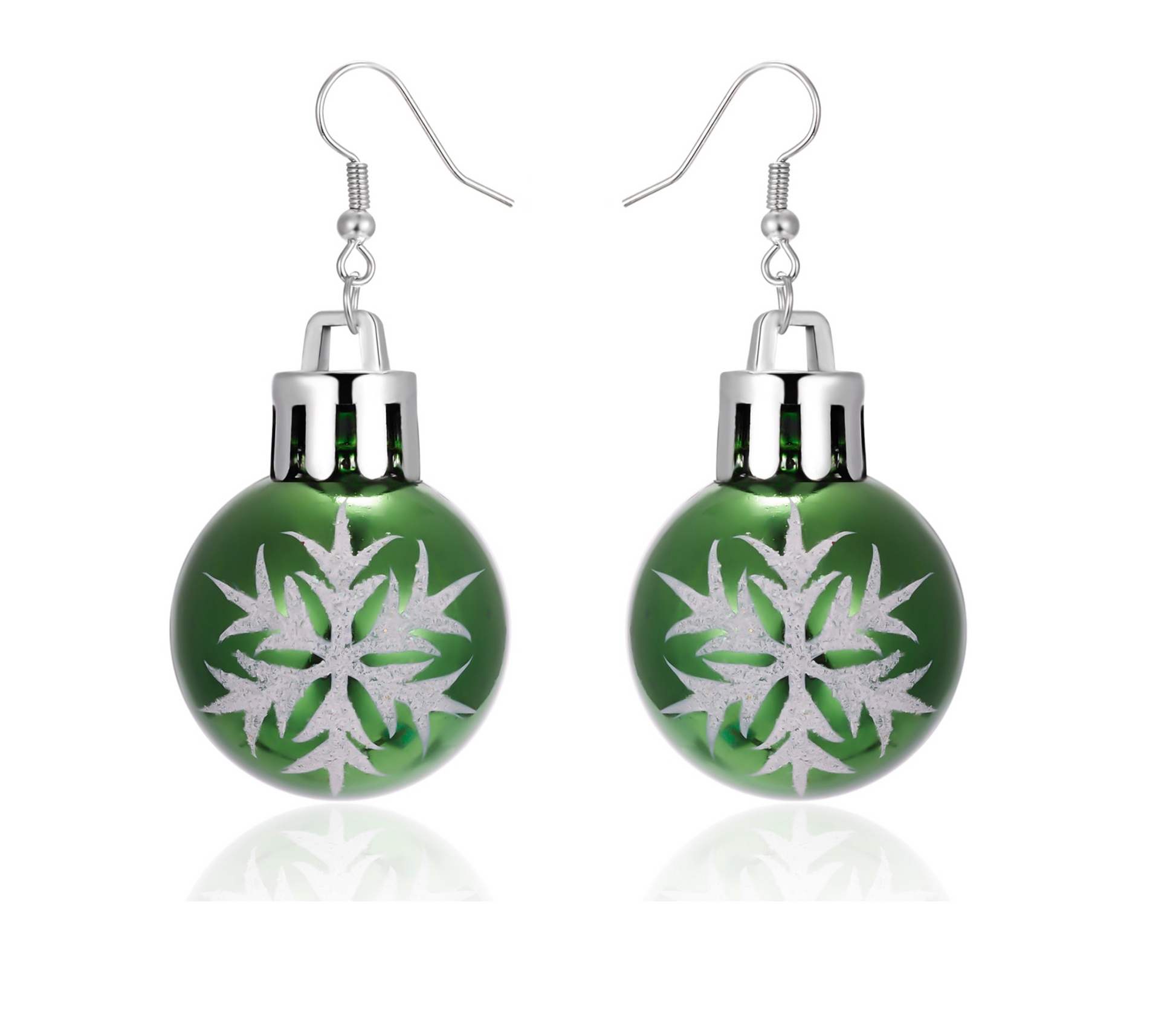 Green Silvertone Snowflake Ornament Drop Earrings
