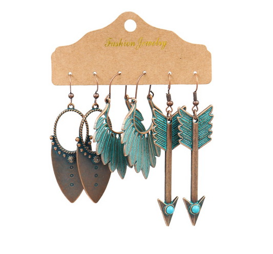 Teal Brass Arrow And Feather Drop Earrings Set