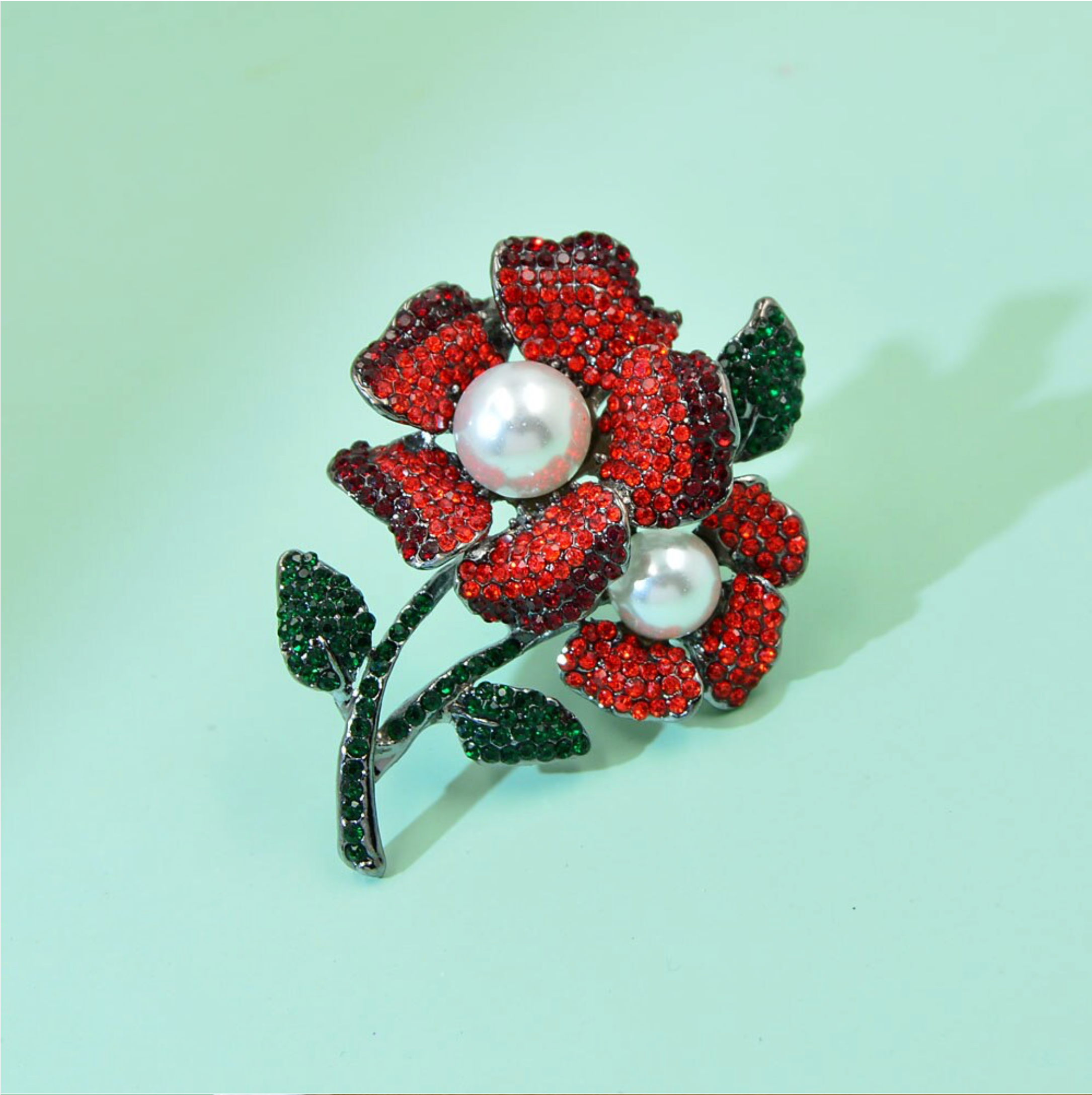 Imitation Pearl Red Crystal Pave Flower Brooch