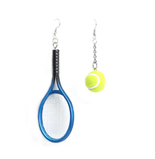 Blue Tennis Racket Ball Asymmetrical Drop Earrings