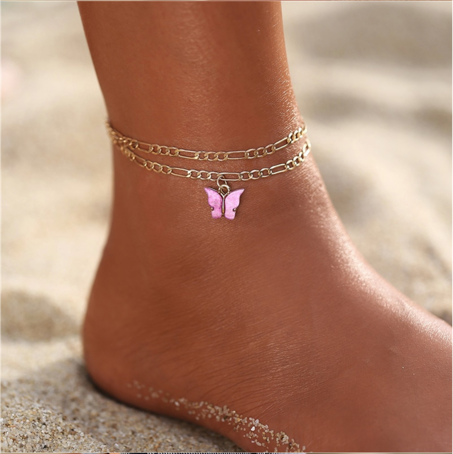 Pink Goldtone Layered Butterfly Anklet