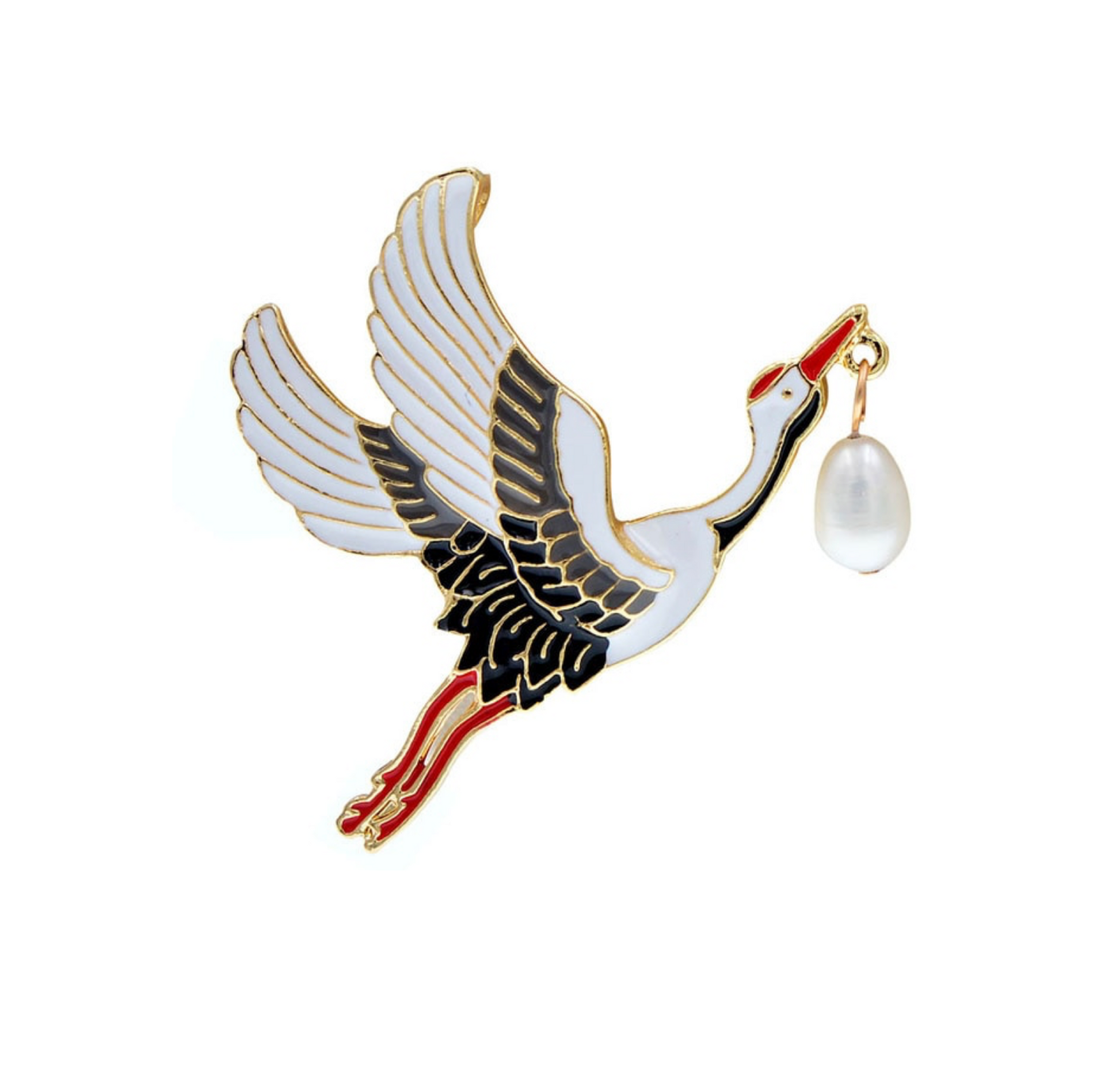 Goldtone Flying Stork Imitation Pearl Brooch