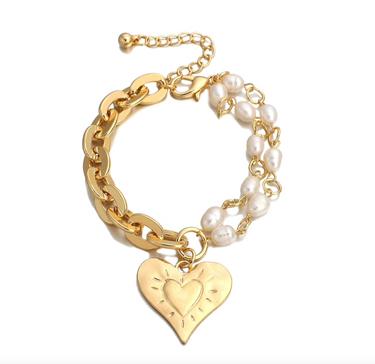 Goldtone Imitation Pearl Bracelet With Heart Charm