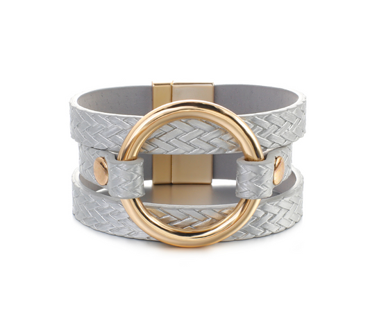 Goldtone Metallic Gray Leather Ring Cuff Bracelet