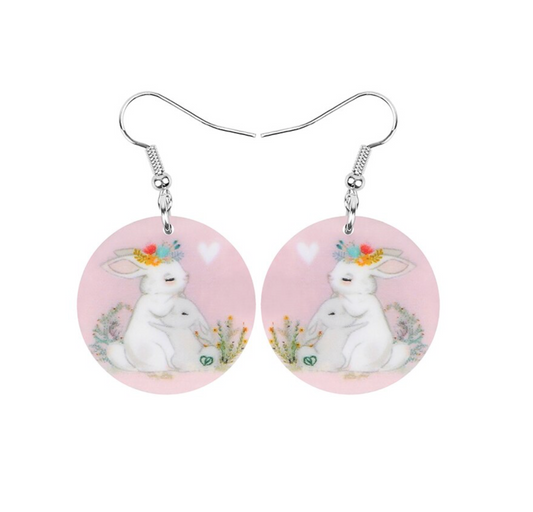 Round Pink Hugging Bunnies Drop Earrings