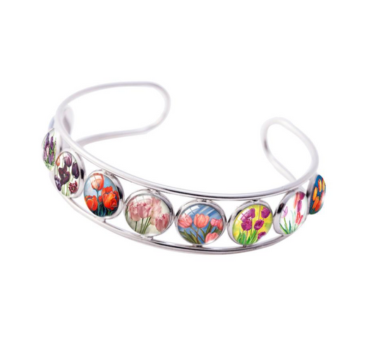 Red Silvertone Multi Colored Tulip Button Cuff