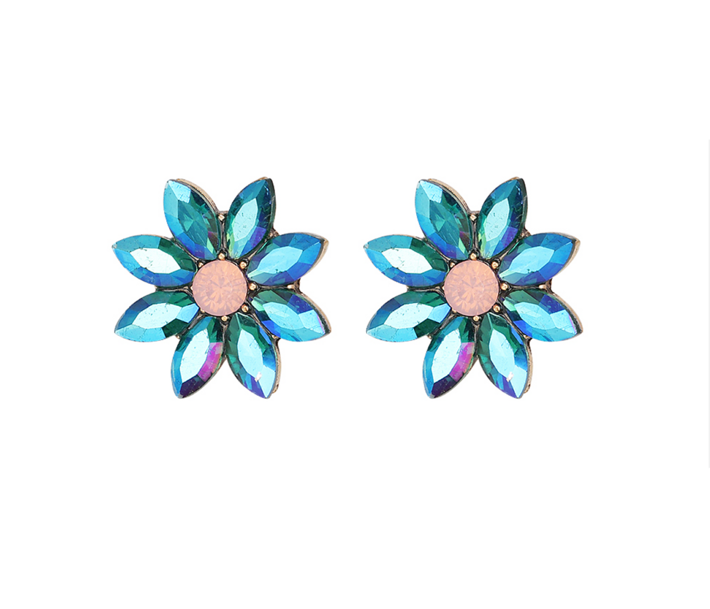 Blue Crystal Flower Stud Earrings