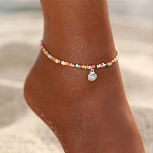 Multicolor Silvertone Seashell Beaded Stretch Anklet